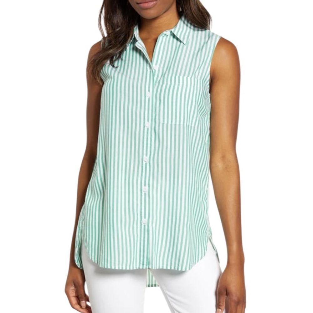 Beach Lunch Lounge Sleeveless Collared Button Down Striped Lightweight Tunic